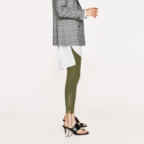 ❤️ NWT! ZARA KNIT HIGH RISE LACE UP HEM OLIVE GREEN LEGGINGS, MEDIUM - Picture 1 of 9
